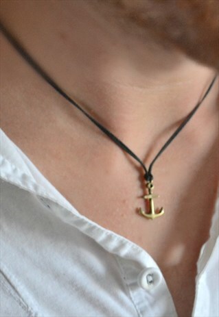 ANCHOR NECKLACE FOR MEN BRONZE PENDANT MENS JEWELRY, BLACK