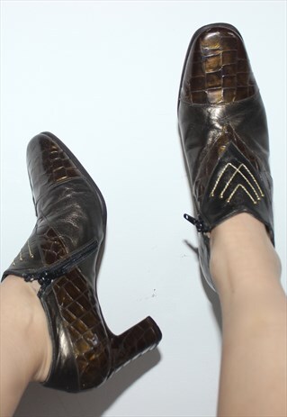 VINTAGE 1980S BRONZE FAUX CROC SKIN REAL LEATHER ANKLE BOOTS