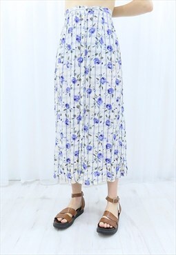90s Vintage White & Blue Floral Midi Skirt (Size M)