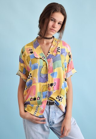 80'S RETRO ABSTRACT PRINT OVERSIZED FESTIVAL BLOUSE TOP
