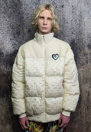 Fleece bomber faux leather puffer shiny heart jacket cream