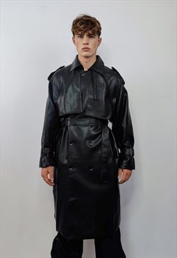 Faux leather trench coat double breasted going out jacket