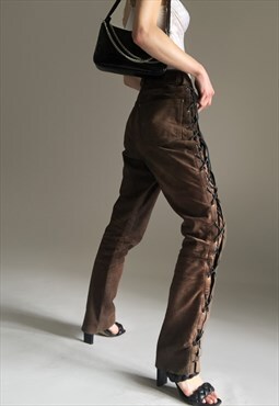 Vintage lace-up brown real leather trousers - festival vibes