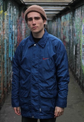 VINTAGE 90S NIKE BLUE COACH JACKET RED TICK LOGO SPELLOUT