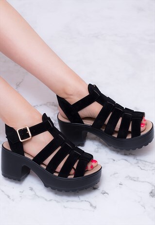 JAMON ADJUSTABLE BUCKLE MID HEEL SANDALS - BLACK SUEDE STYLE