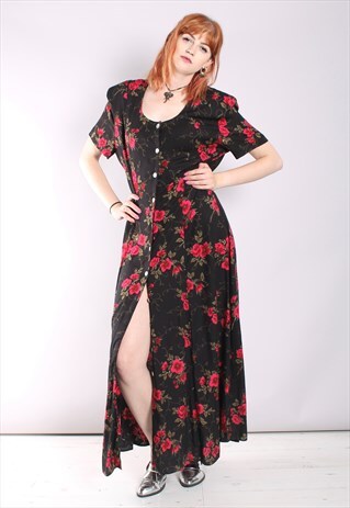 VINTAGE 80S FLORAL THIGH SPLIT BUTTON MAXI DRESS