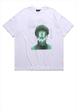 Raver print t-shirt green monster tee retro acid top white