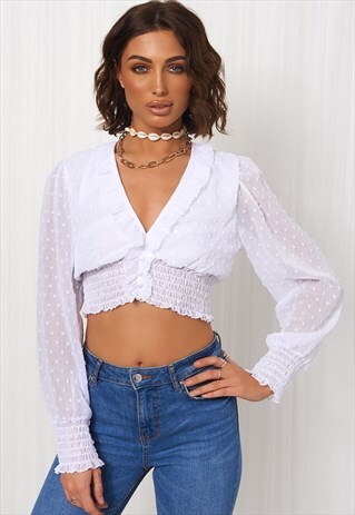 WHITE DOBBY LONG SLEEVE CROP TOP