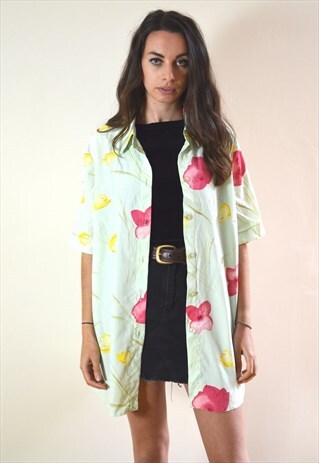 1990S VINTAGE PASTEL GREEN FLOWER ABSTRACT PRINTED SHIRT