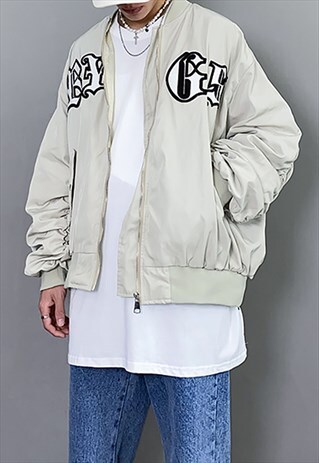 GREY EMBROIDERED OVERSIZED BOMBER JACKET Y2K