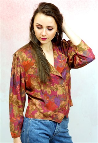1990S VINTAGE WARM ORANGE AND BROWN FLORAL BLOUSE