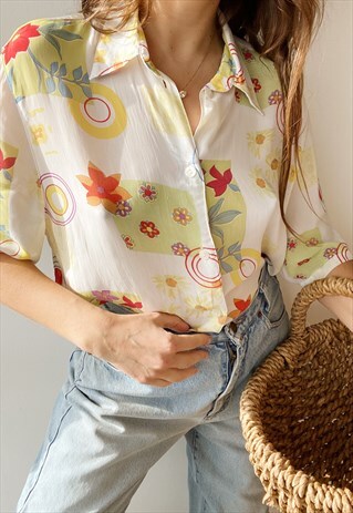 VINTAGE 80S HAUTE BOHEME FLORAL SHEER BLOUSE SHIRT TOP