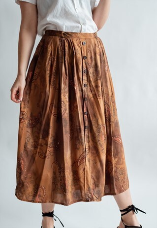 VINTAGE 70S BOHO PLEATED SKIRT IN BROWN WITH BUTTON UP FRONT