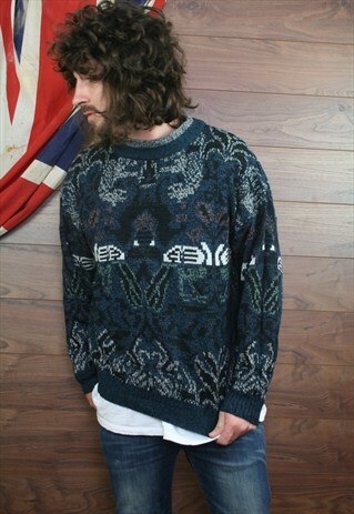 VINTAGE ICELANDIC COSBY PATTERNED KNIT JUMPER ,XL,