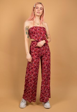 RED DITZY FLORAL WIDE LEG TROUSERS WITH HIGH WAIST