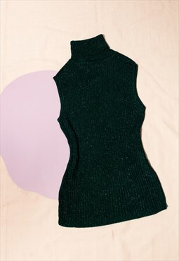 Vintage Top Y2K Glitter Turtleneck Ribbed Knit Vest