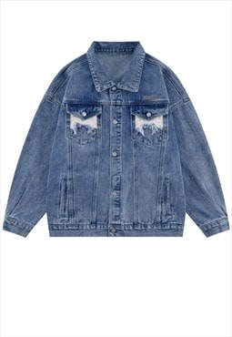 Reworked denim jacket back patch ripped jean bomber in blue