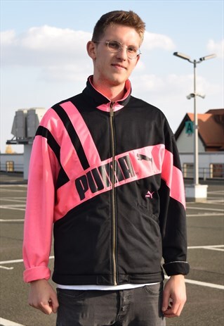 90S PUMA TRACKTOP TRACKSUIT JACKET SHELL JACKET BLACK PINK