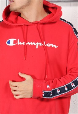 Vintage Champion Hoodie in Red Pullover Jumper Medium