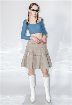 Vintage Y2K cottage embellished tiered mini skirt in greige
