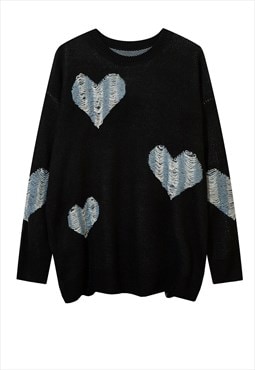 Heart patch sweater Gothic ripped grunge jumper faded black