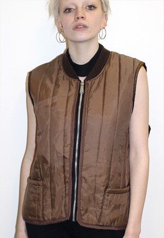 90S VINTAGE METALLIC BROWN QUILTED POCKETED GILET