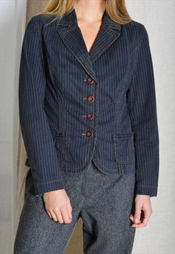 Y2K Navy Blue Pinstripe Preppy Blazer Womens Jacket