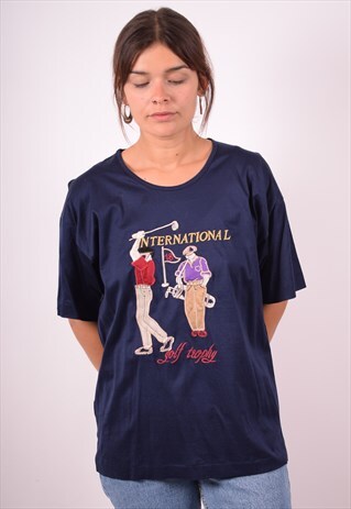 WOMENS VINTAGE T-SHIRT TOP XL NAVY BLUE 90S