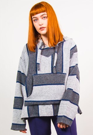 VINTAGE 90'S GREY STRIPED GRUNGE BAJA HOODIE JUMPER
