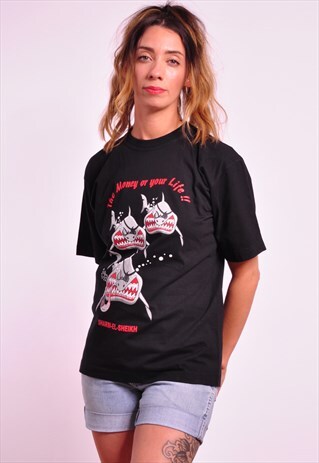 VINTAGE SHARK PRINT BLACK T-SHIRT