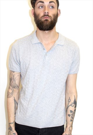 VINTAGE 90S GREY SMART CASUAL KNIT PATTERN POLO SHIRT