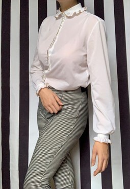 Vintage 80s white stretchy blouse with ruffles, UK14/16 