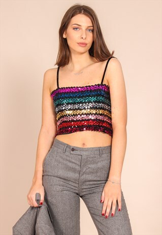 VINTAGE 80S PARTY CROP TOP IN RAINBOW SEQUIN