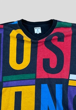 MOSCHINO VINTAGE T-SHIRT BLOCK COLOUR ALL OVER SPELL OUT 