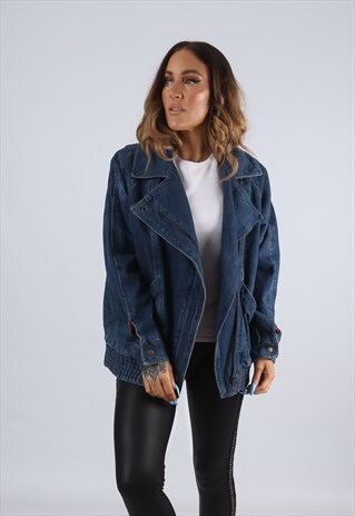 VINTAGE DENIM BOMBER JACKET OVERSIZED FITTED UK 12 M (J2F)