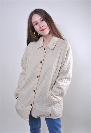 VINTAGE WOMAN BARBOUR QUILTED BEIGE BUTTON JACKET