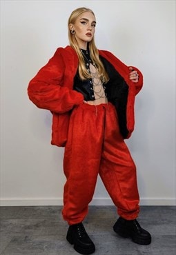 Red faux fur festival joggers raver pants fluffy ski trouser