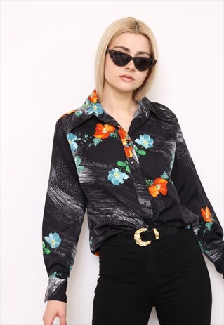 VINTAGE 70S DARK FLORAL PRINT SHIRT