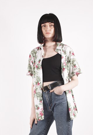 VINTAGE 90S WHITE CRAZY PATTERN SHORT SLEEVE SHIRT /NN3399