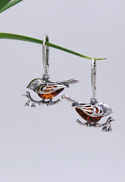 Robin Earrings in Solid Sterling Silver set with Amber