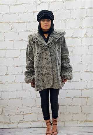 VINTAGE GREY FAUX FUR HOODED JACKET