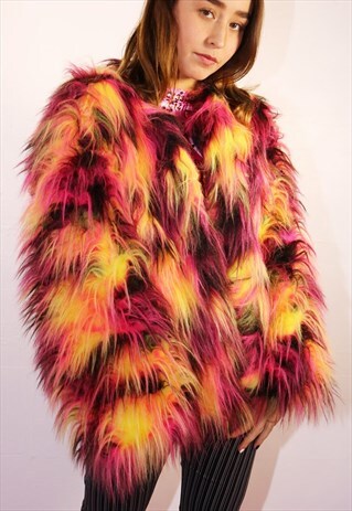 FAUX FUR/FLUFFY COAT IN PINK PATCHWORK