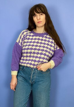 VINTAGE 70's Lilac and Cream Long Sleeve Knit Jumper - M