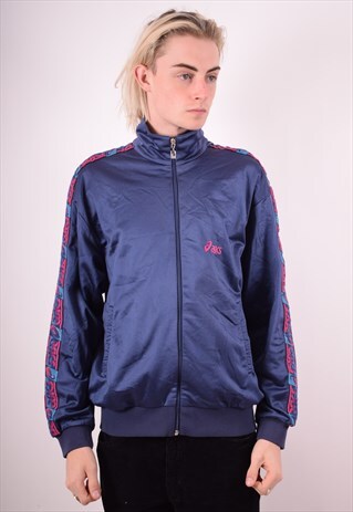 ASICS MENS VINTAGE TRACKSUIT TOP JACKET LARGE BLUE 90S