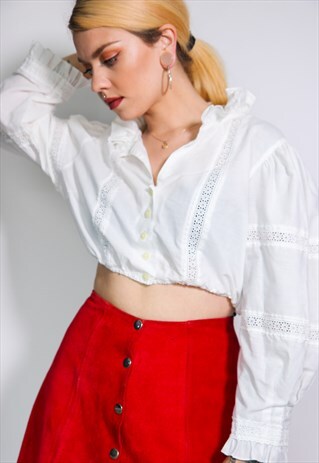 VINTAGE LINEN LONG SLEEVE MILKMAID TOP BLOUSE