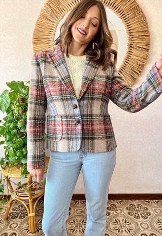 1990's vintage large knit multicolor plaid blazer