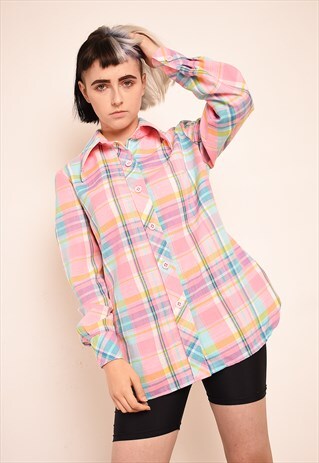 VINTAGE 70'S RETRO CHECKED TARTAN PRINT SHIRT TOP IN PINK
