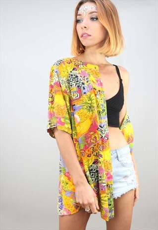 VINTAGE OVERSIZED SHORT SLEEVE PATTERNED BLOUSE