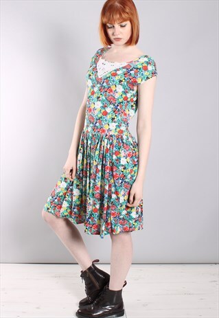 VINTAGE 80S BRIGHT FLORAL LACE TRIM SKATER DRESS