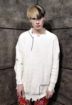 Distressed knitwear sweater reworked rip knit jumper white